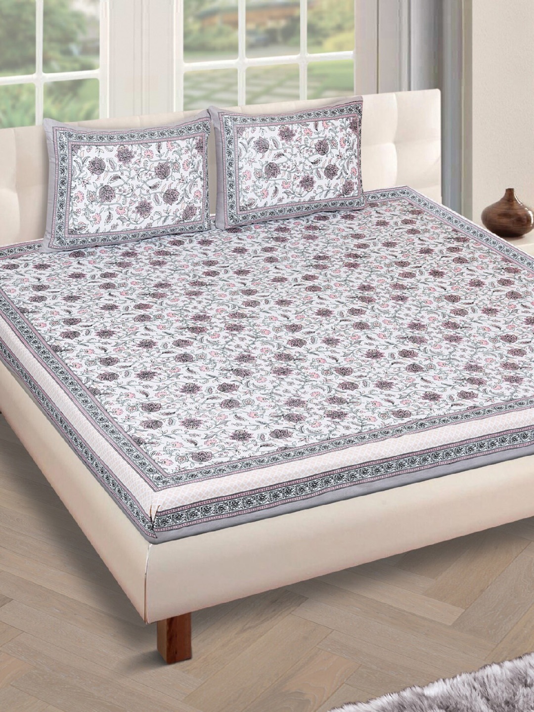

ROMEE White & Pink Floral 180 TC Cotton 1 King Bedsheet with 2 Pillow Covers