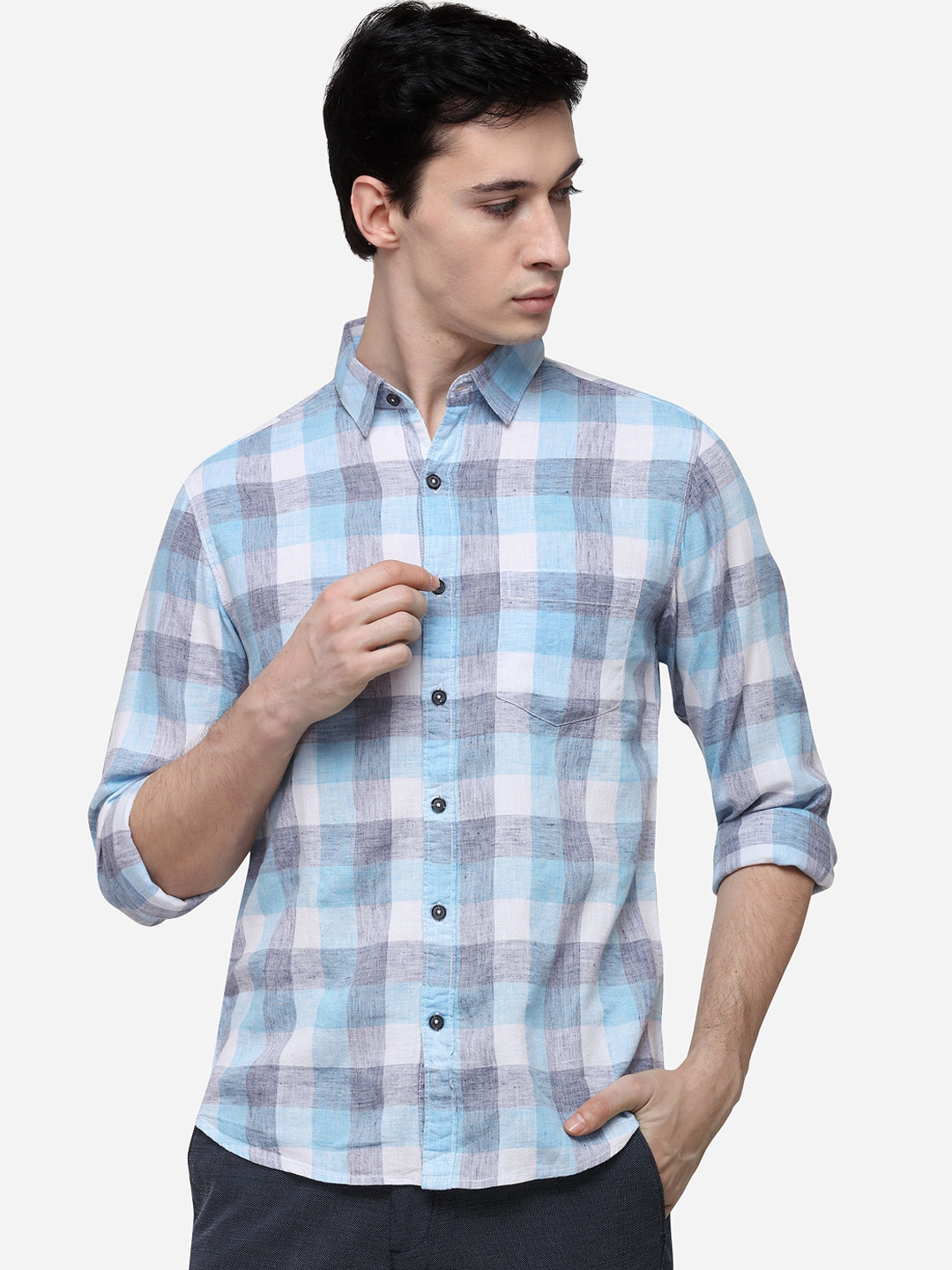 

Greenfibre Men Blue & Grey Slim Fit Checked Casual Shirt