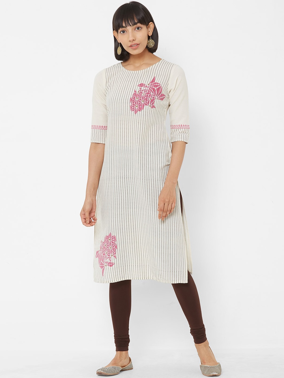 

Vedic Women Off-White & Grey Striped Straight Kurta