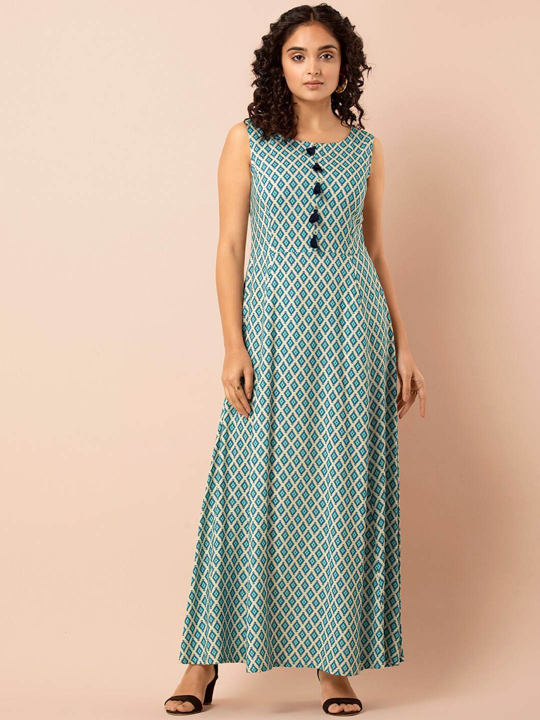 

INDYA Women Blue & Cream-Coloured Printed Maxi Dress