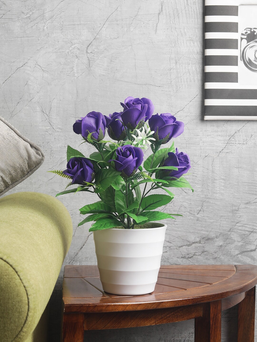 

FOLIYAJ Green & Purple Artificial Rose Flower Plant With White Pot