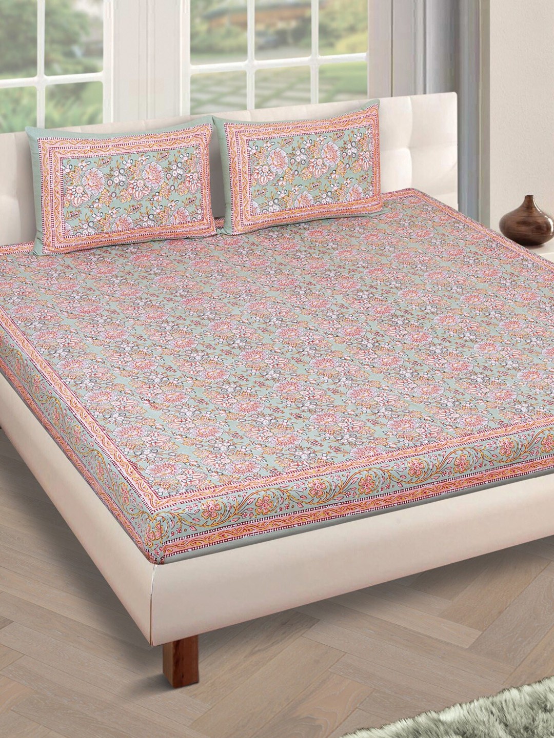 

ROMEE Green Floral 180 TC Cotton 1 King Bedsheet with 2 Pillow Covers