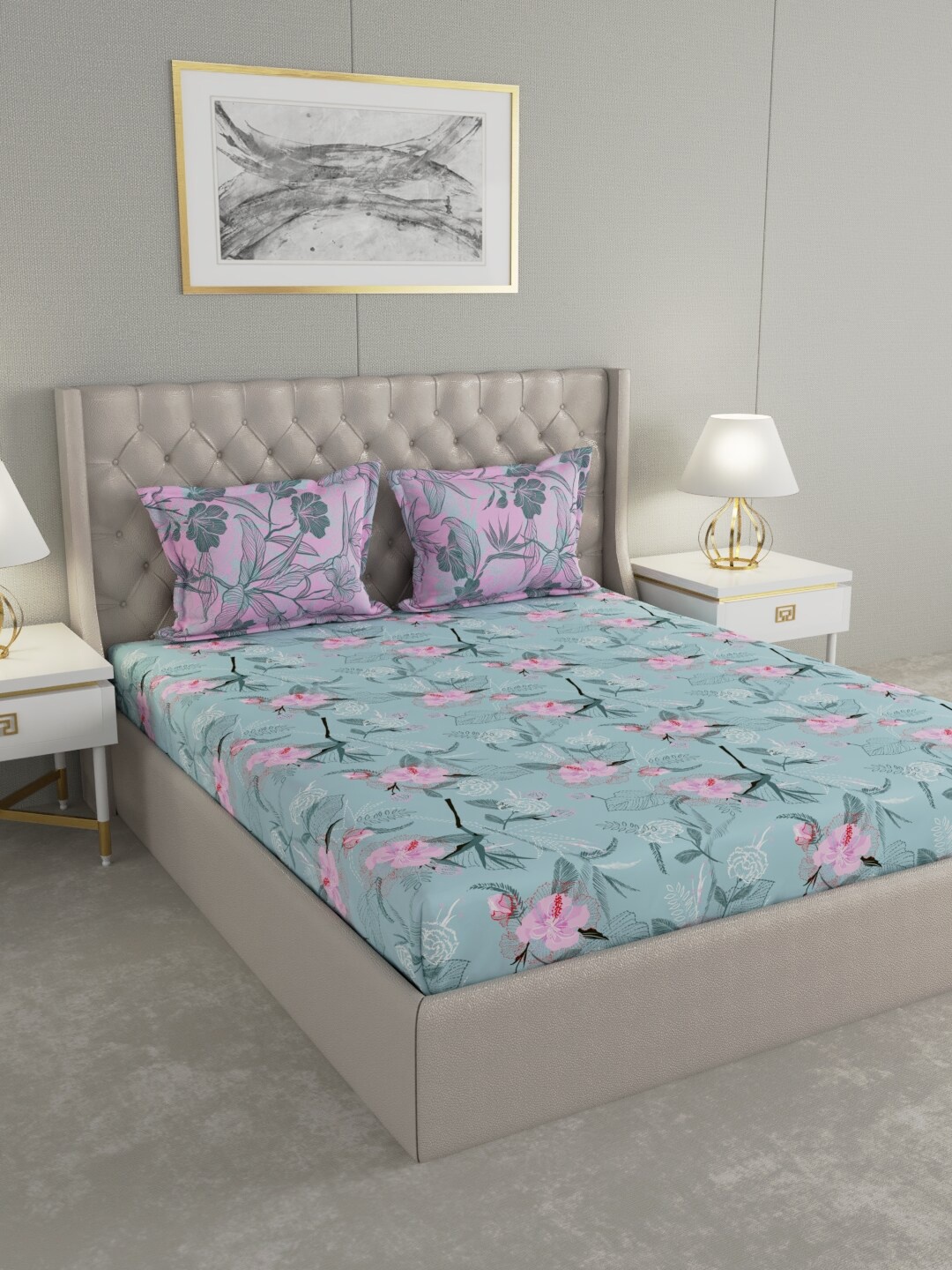 

Raymond Home Blue & Pink Floral 144 TC Cotton 1 King Bedsheet with 2 Pillow Covers