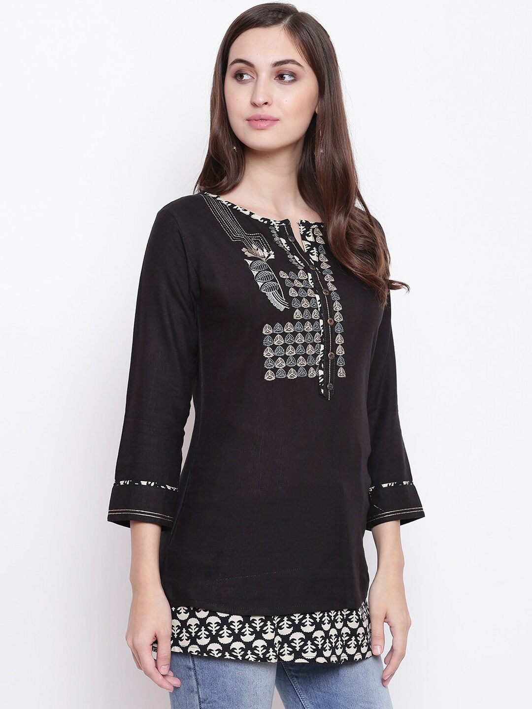 

Kvsfab Women Black & White Embroidered A-Line Kurti