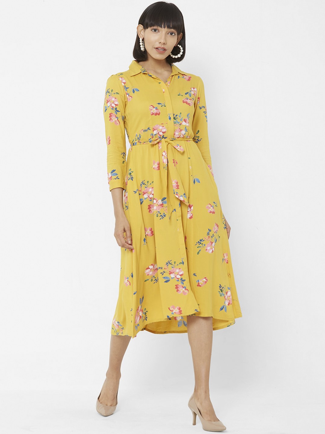 

Vedic Women Mustard Yellow & Blue Floral Printed Shirt Dress
