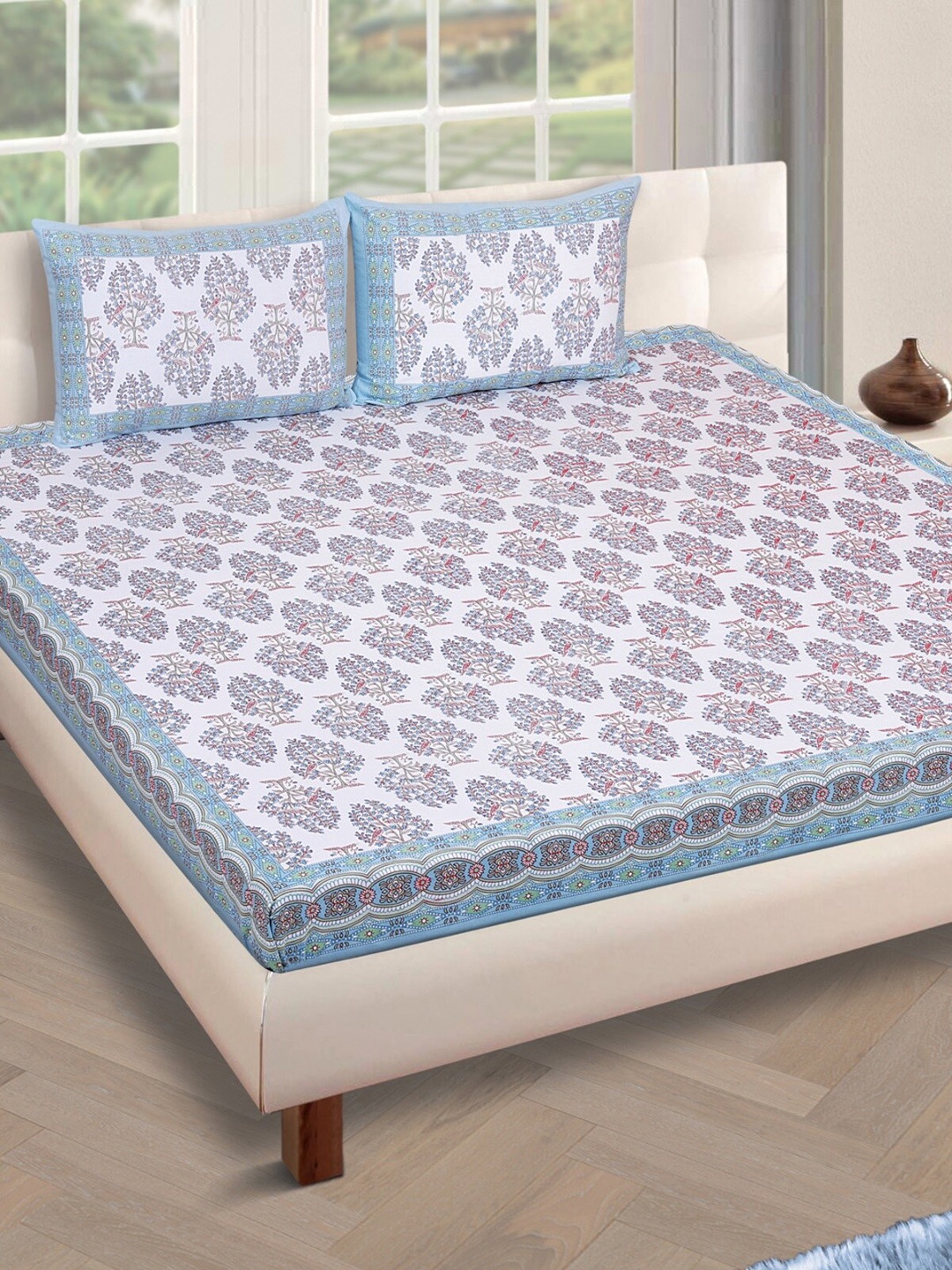 

ROMEE White & Blue Ethnic Motifs 180 TC Cotton 1 KIng Bedsheet with 2 Pillow Covers