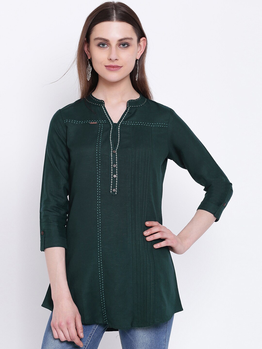 

Kvsfab Women Green Embroidered A-Line Kurti