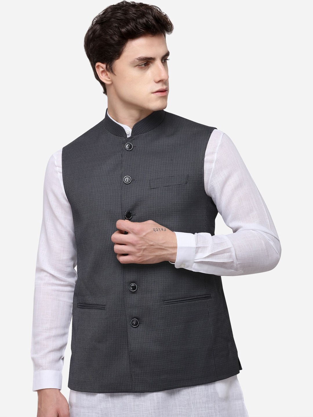

JADE BLUE Men Black & Grey Woven Design Modi Jacket