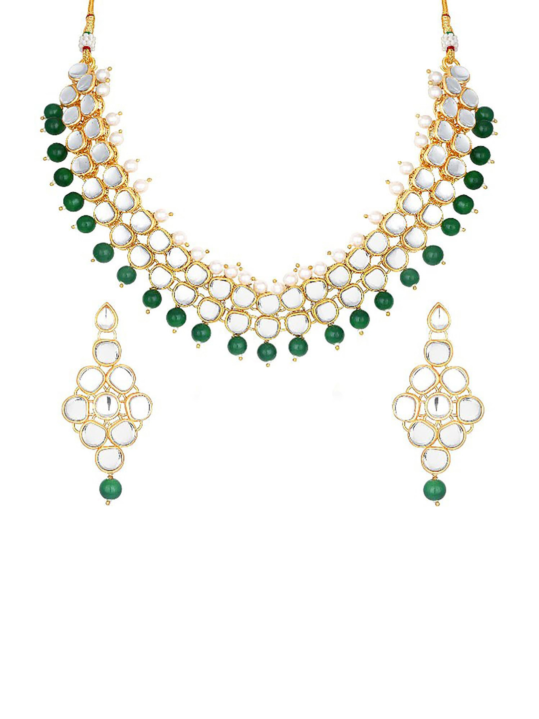 

Sukkhi Gold-Plated White & Green Stone-Studded Beaded Jewellery Set