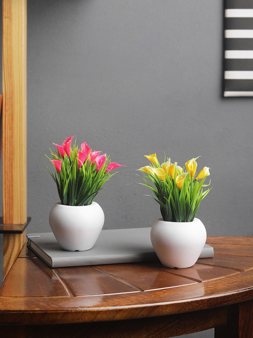 

FOLIYAJ Set Of 2 Pink & Yellow Artifical Cynthia Flower Plants With White Pots