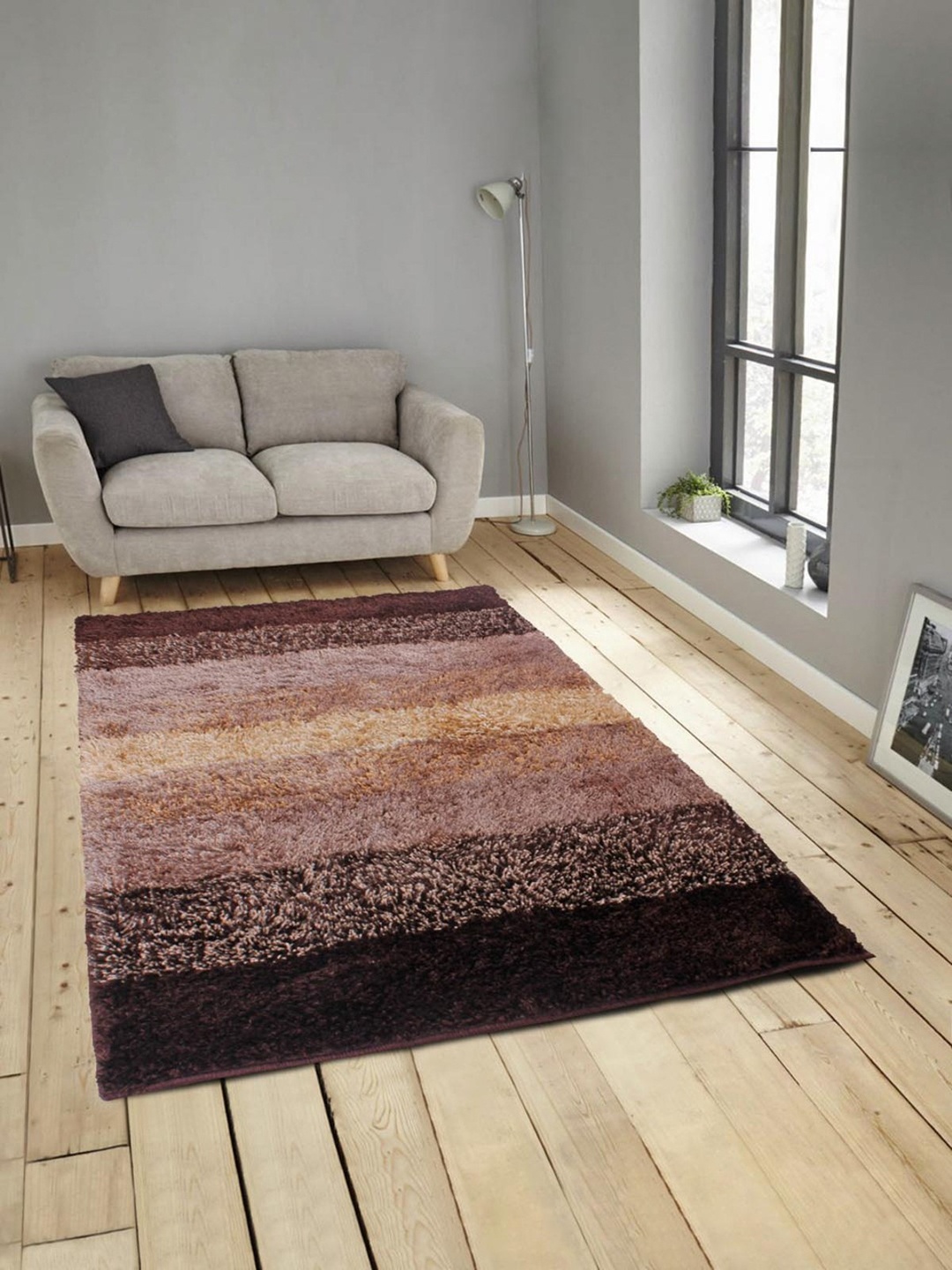 

ROMEE Brown & Pink Striped Polyester Shaggy Anti-Skid Carpet