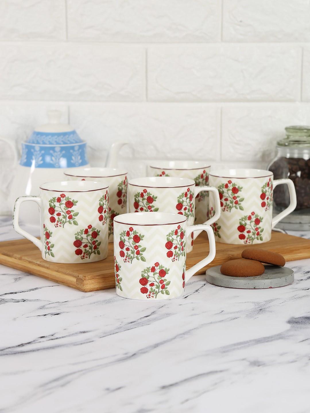 

India Circus by Krsnaa Mehta Set Of 6 Chevron Roses Treasures Mugs, Cream