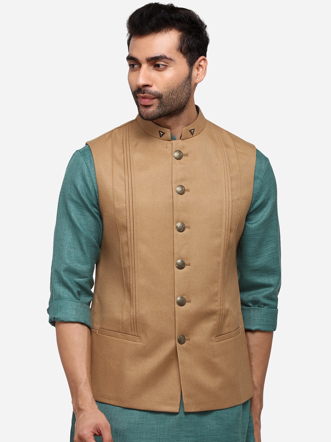 

JB STUDIO Men Khaki-Coloured Solid Corduroy Nehru Jacket