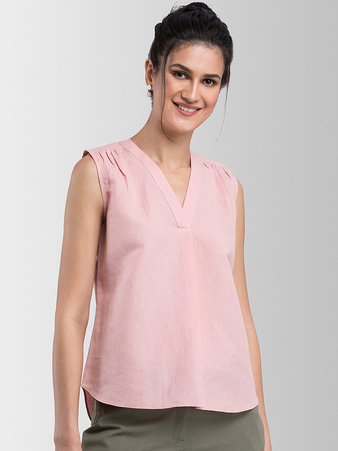 

FableStreet Women Pink Solid Linen Top