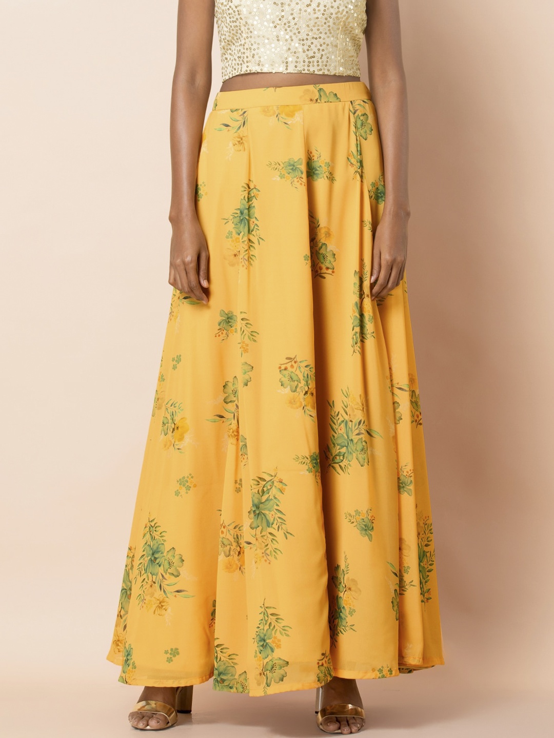 

INDYA Women Yellow & Green Floral Printed Maxi Skirt