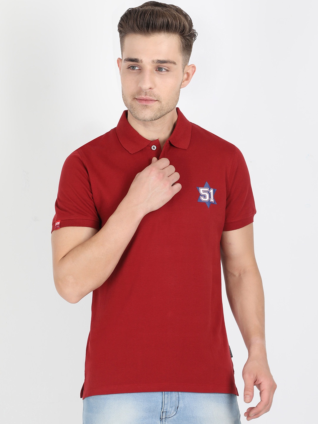 

Fruit of the loom Men Red Solid Polo Collar Pure Cotton T-shirt