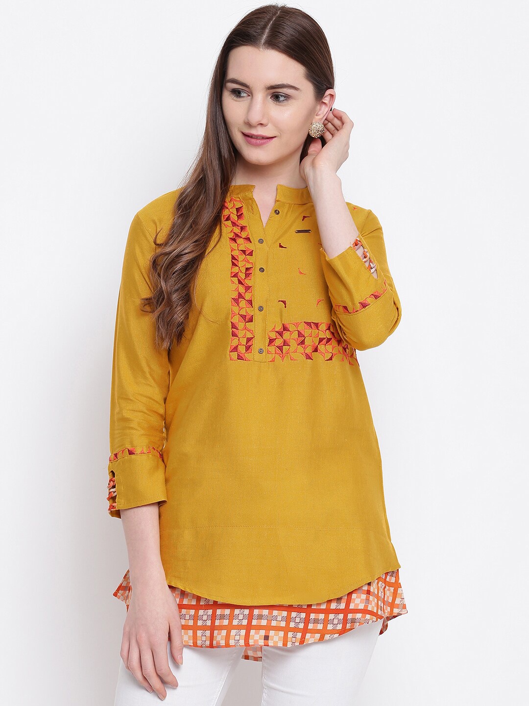 

Kvsfab Women Mustard Yellow & Red Embroidered A-Line Kurti