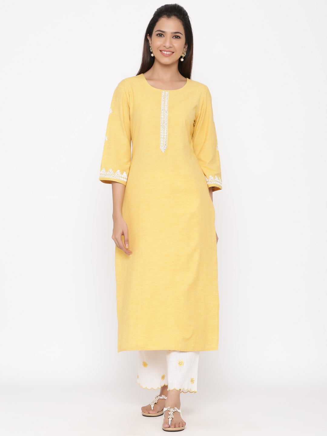 

Jaipur Kurti Women Yellow & White Embroidered Kurta with Trousers