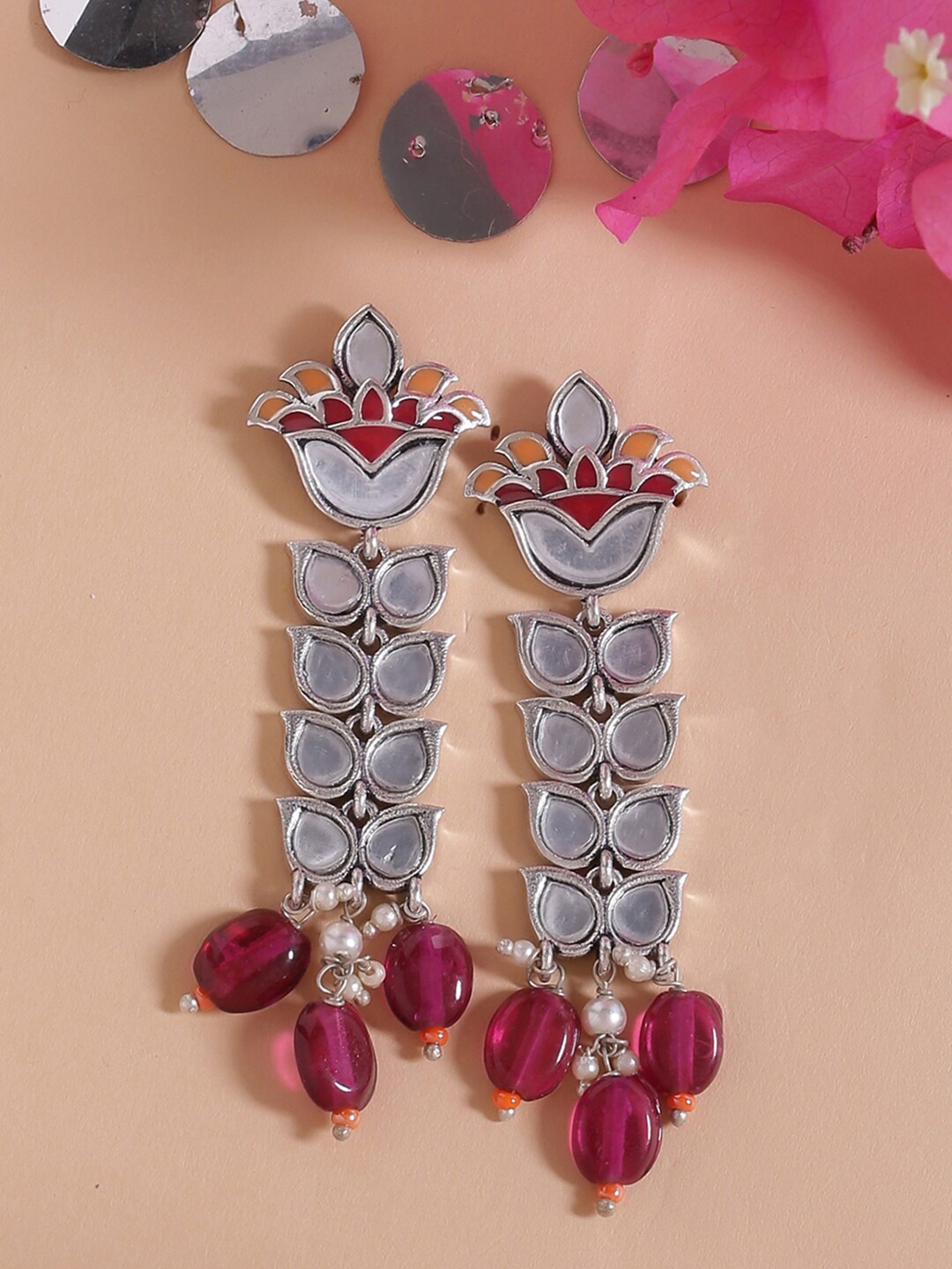 

Voylla Silver-Plated & Pink Mirror Floral Drop Earrings