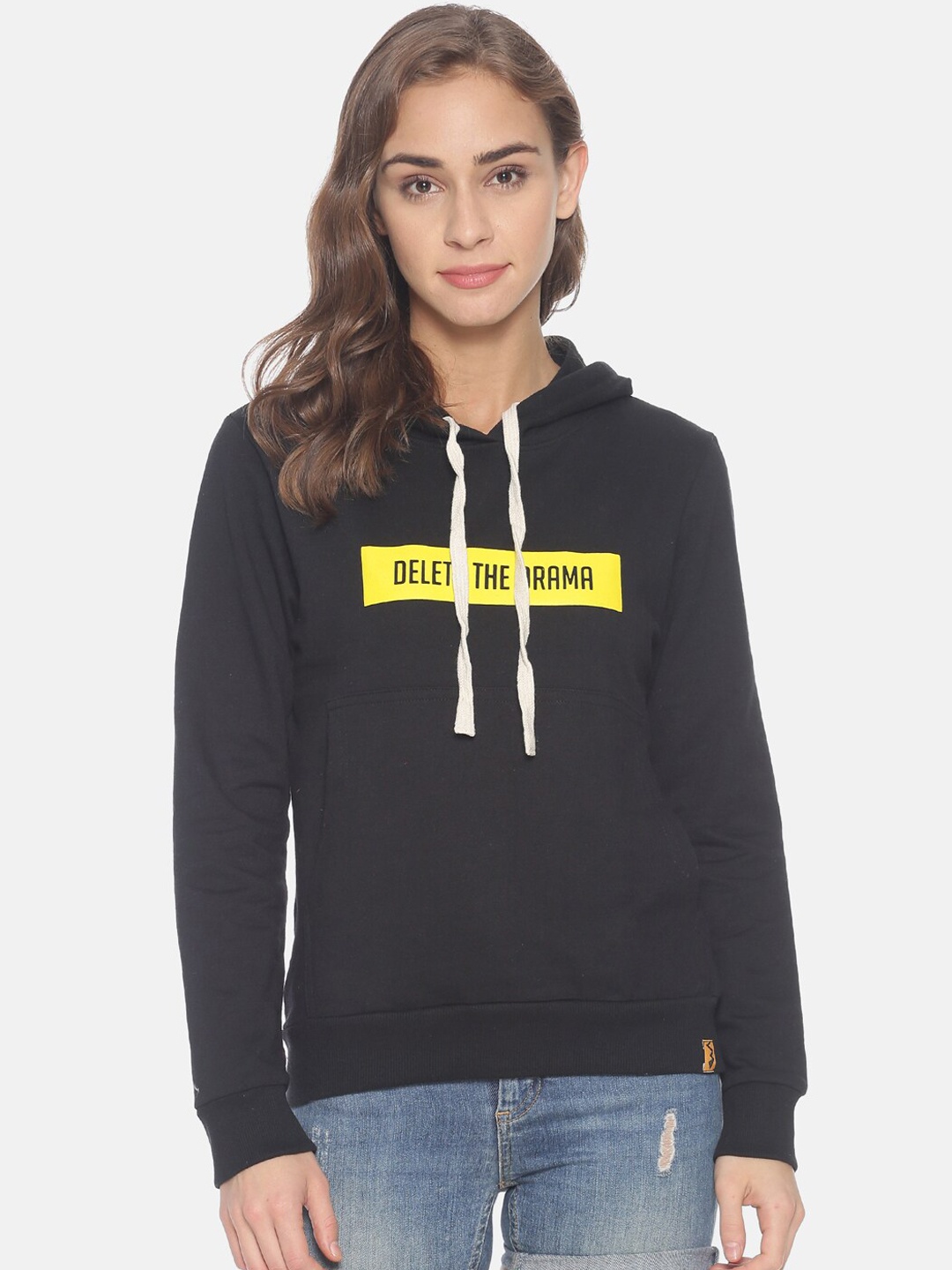 

Campus Sutra Women Black Printed Hooded Sweatshirt