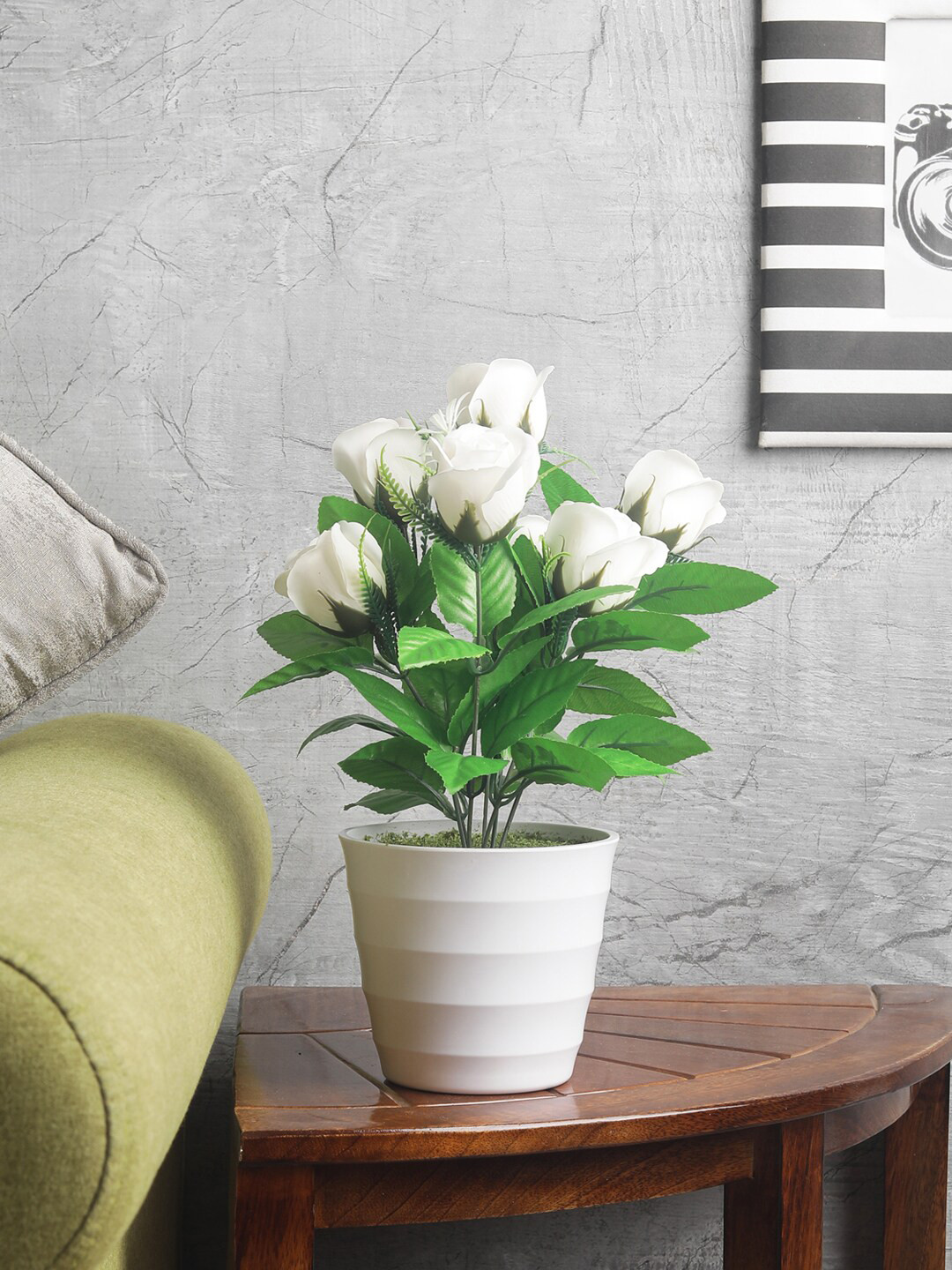 

FOLIYAJ Green & White Artifical Rose Flower Plant With Pot