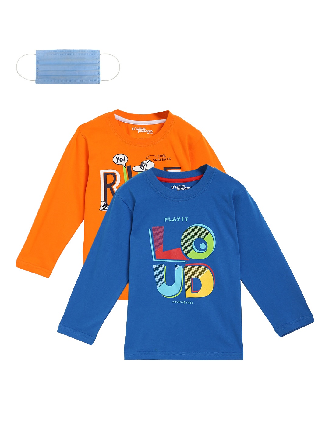 Lil Tomatoes Boys Pack Of 2 Printed Round Neck Pure Cotton T-shirts, Orange