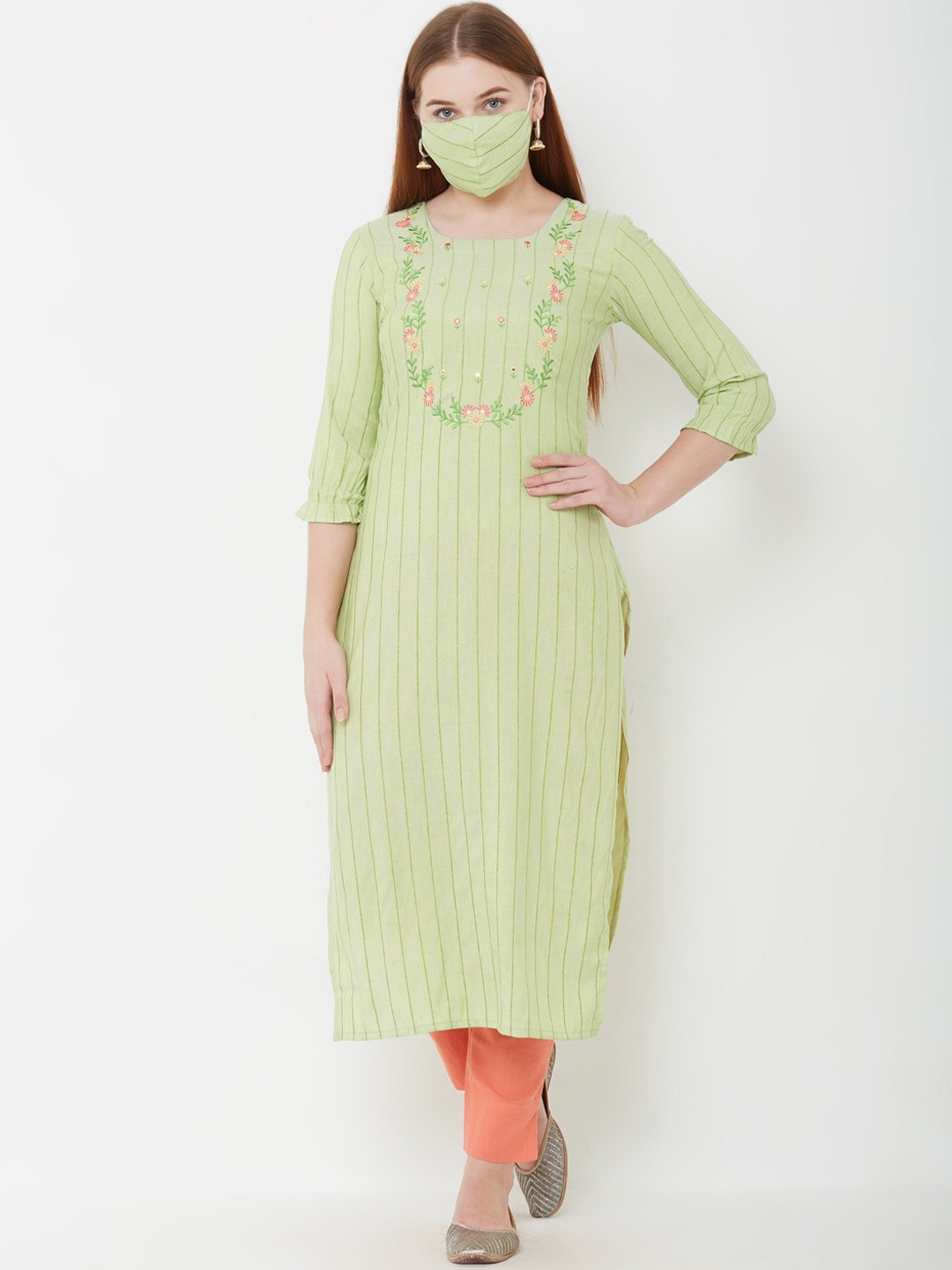 FASHOR Women Green Striped Straight Kurta