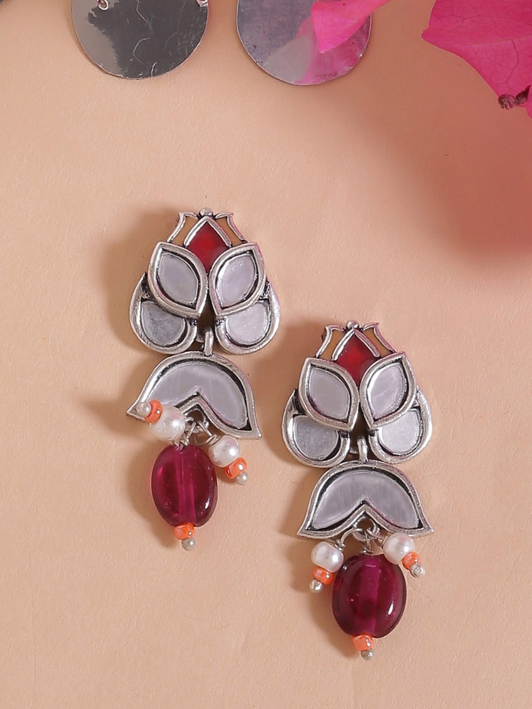 

Voylla Silver-Plated & Red Mirror Drop Earrings
