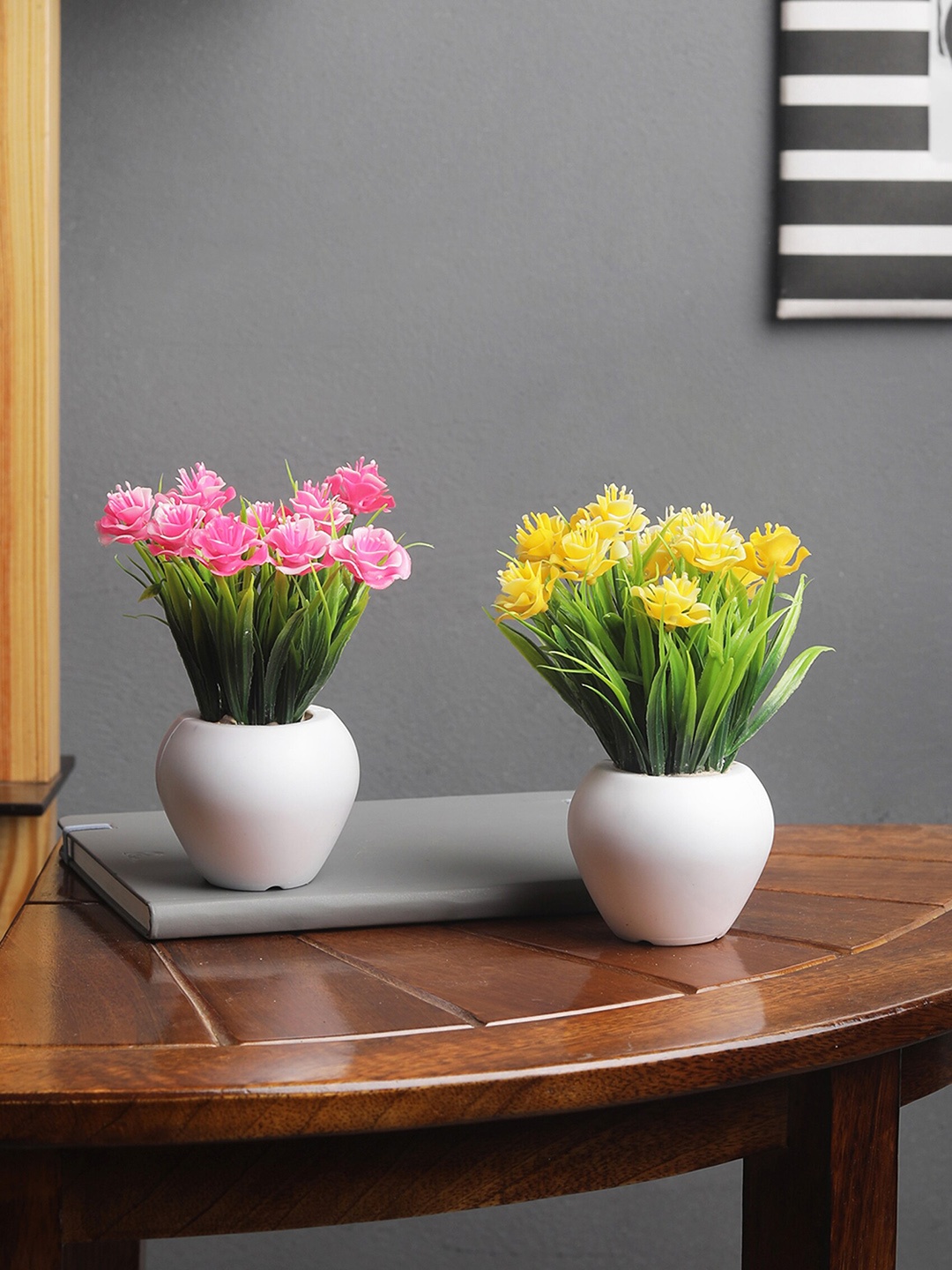 

FOLIYAJ Set Of 2 Pink & Yellow Artifical Rose Flower Plants With White Pots