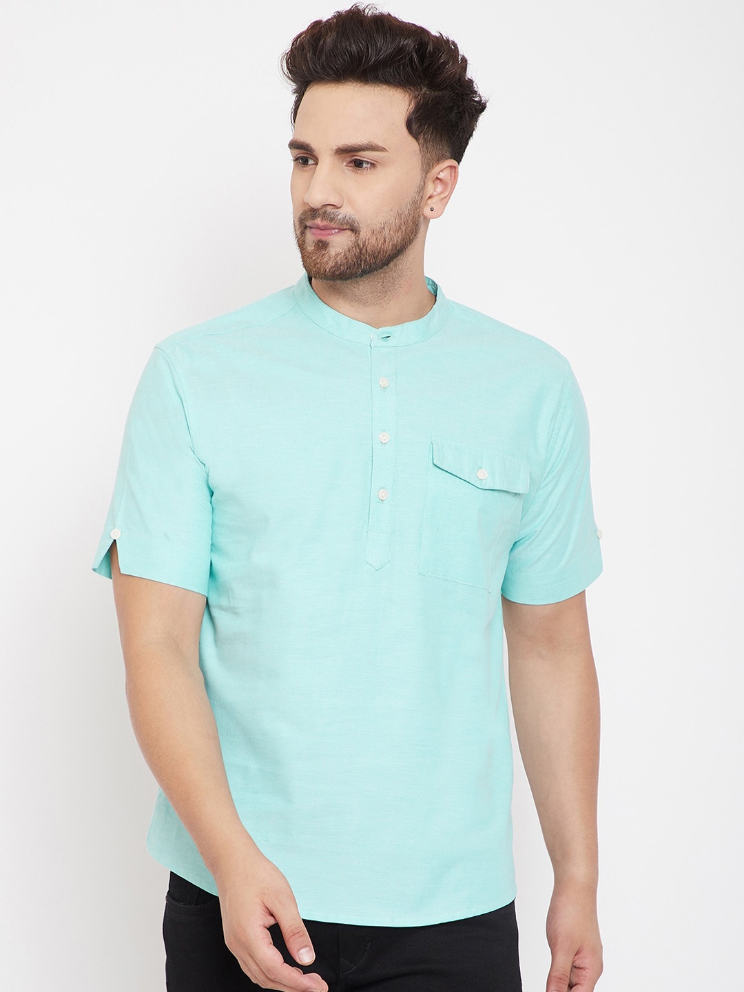 

even Men Turquoise Blue Solid Straight Linen Kurta