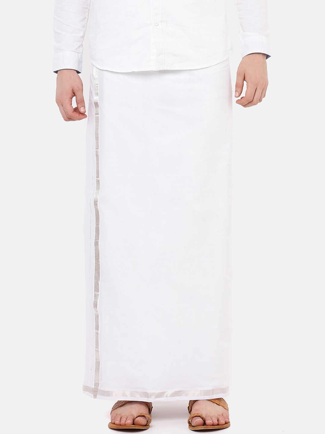 

Ramraj Men White Pure Cotton Double Layer Dhoti With Silver Zari Border