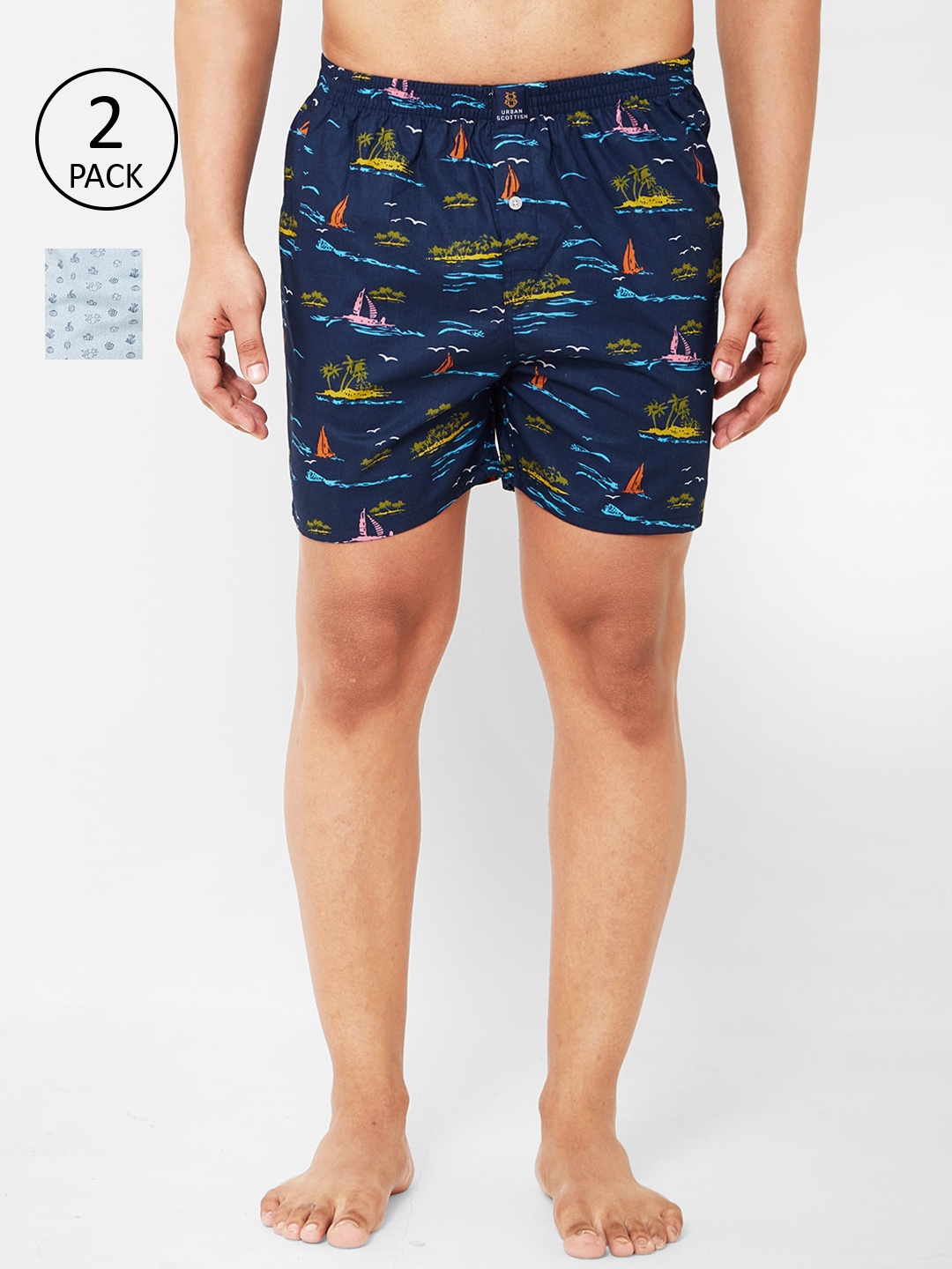 

URBAN SCOTTISH Men Pack of 2 Printed Pure Cotton Boxers, Blue