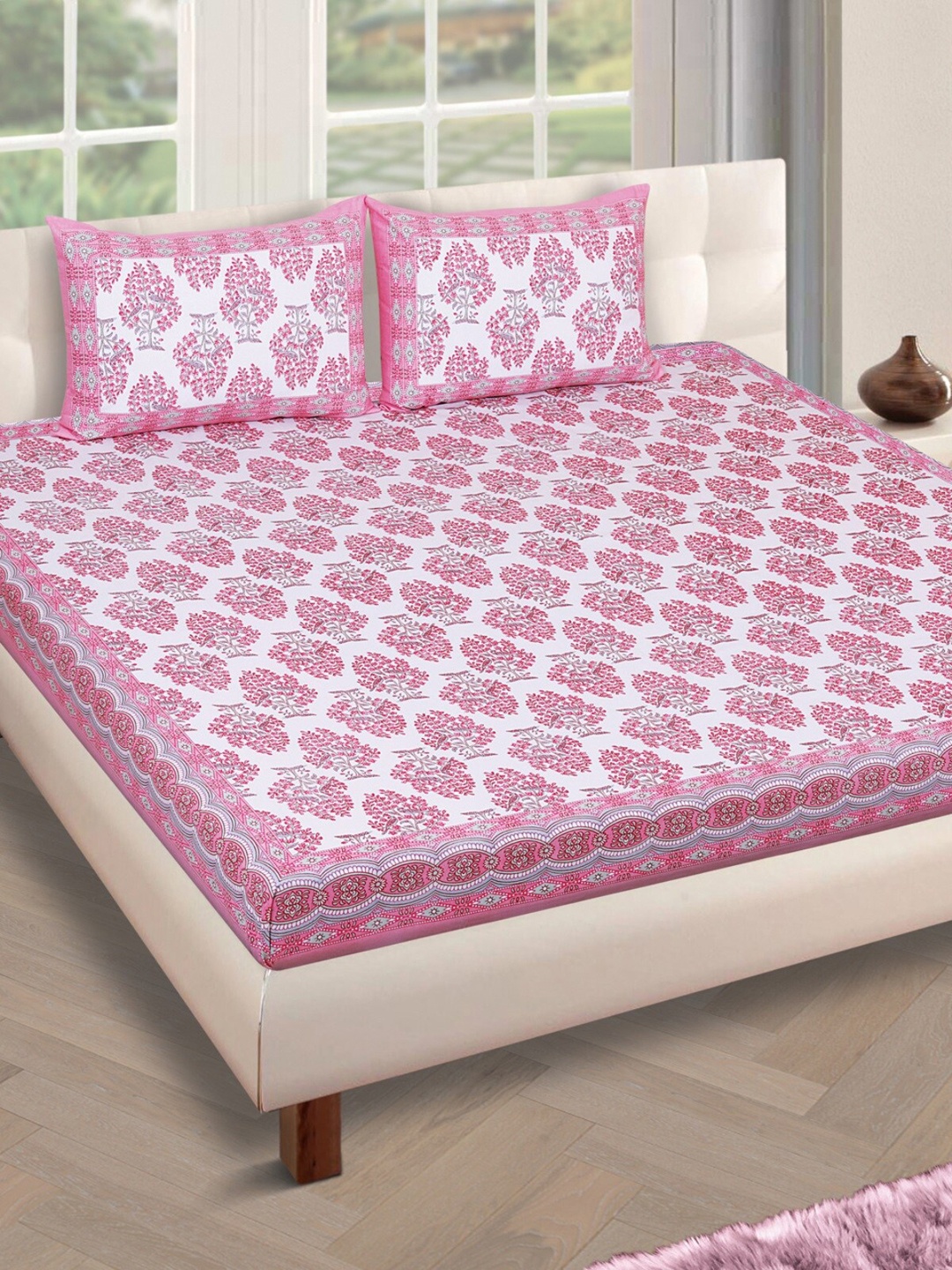 

ROMEE White & Pink Floral 180 TC Cotton 1 King Bedsheet with 2 Pillow Covers