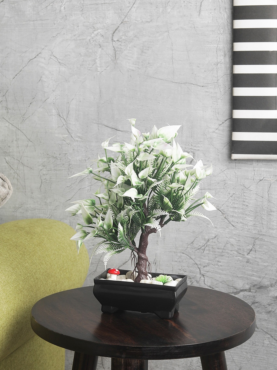 FOLIYAJ Green & White Artifical 3 Branched Bonsai Tree With Black Pot