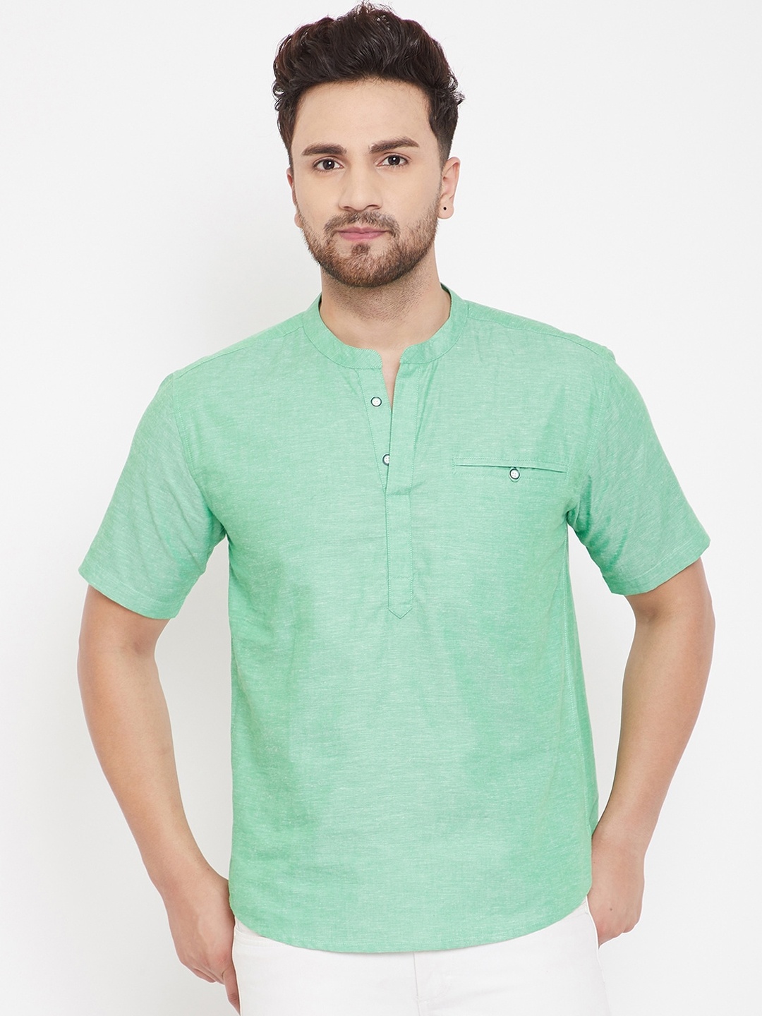 even Men Green Solid Straight Kurta