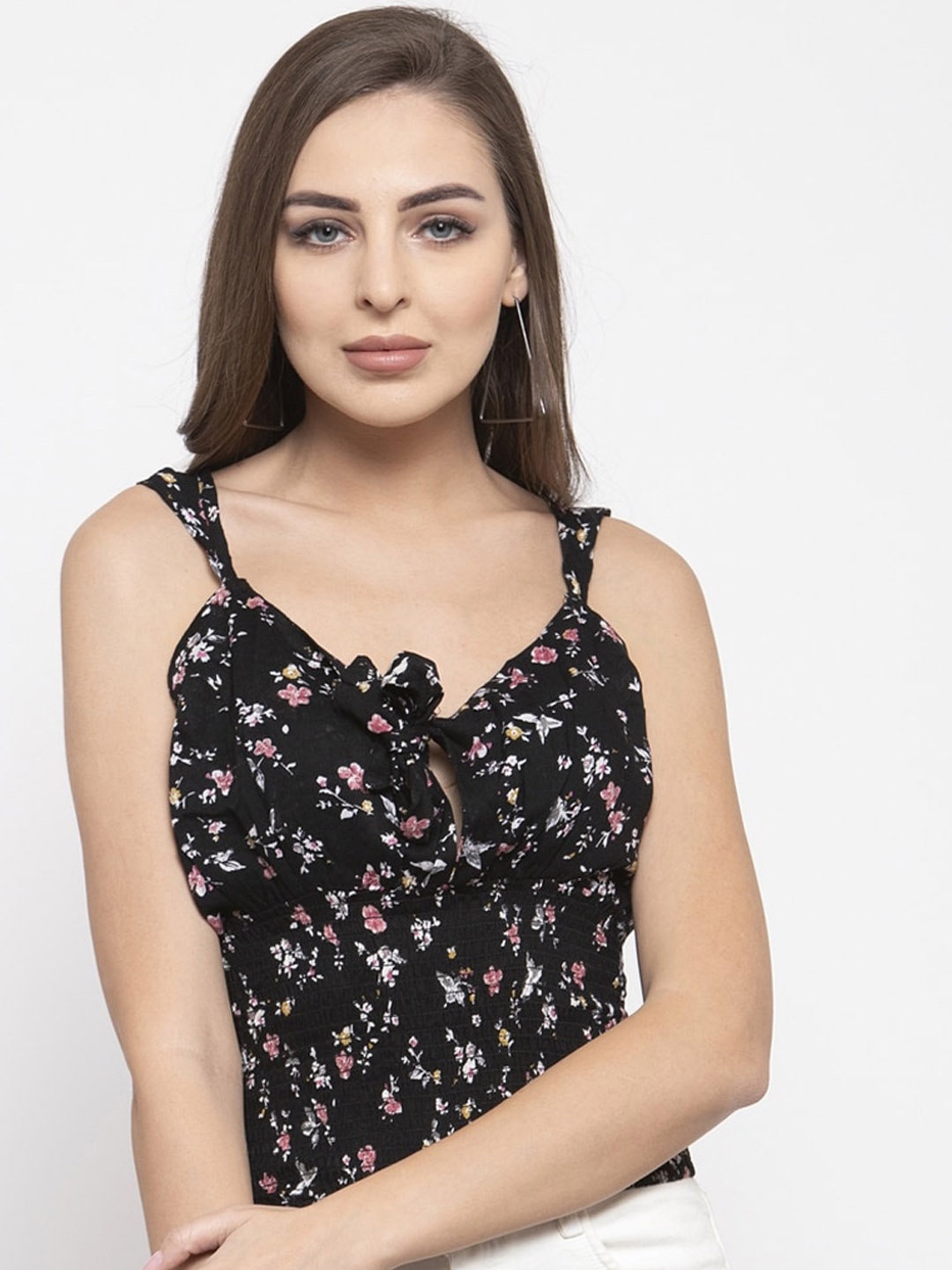 

Purple State Women Black & Pink Floral Printed Fitted Top