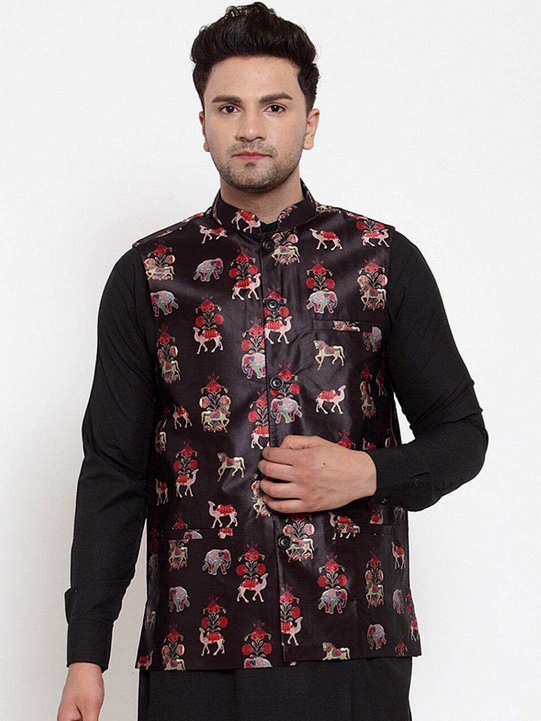 

Jompers Men Black & Red Printed Nehru Jacket