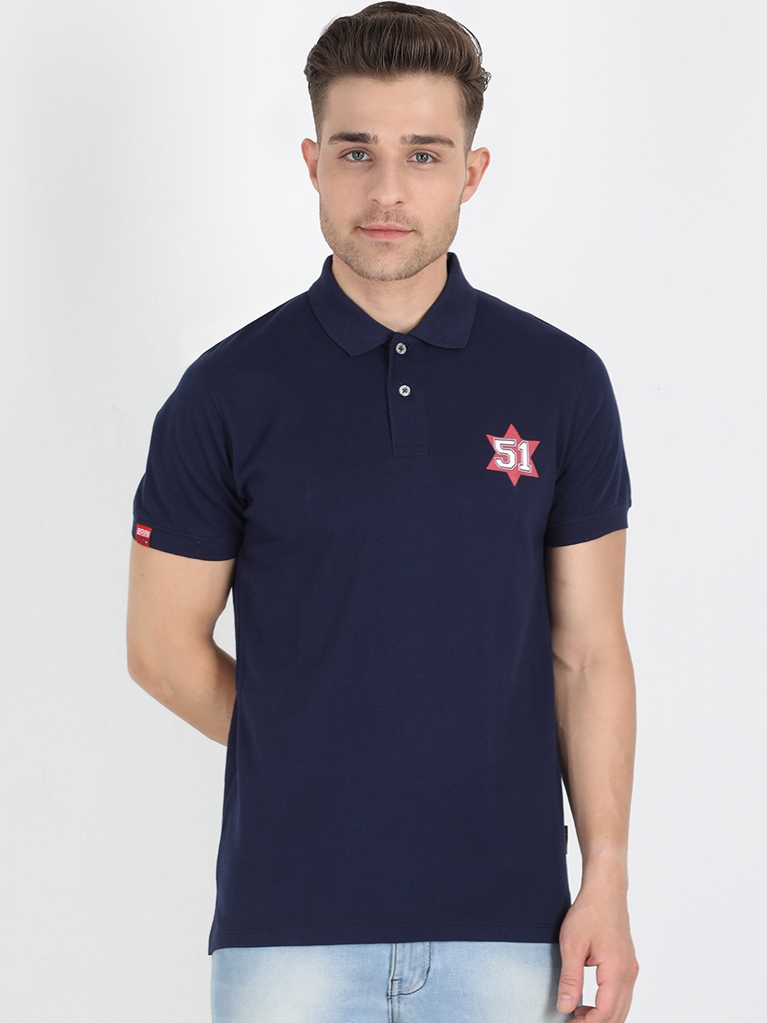 

Fruit of the loom Men Navy Blue Solid Polo Collar Pure Cotton T-shirt