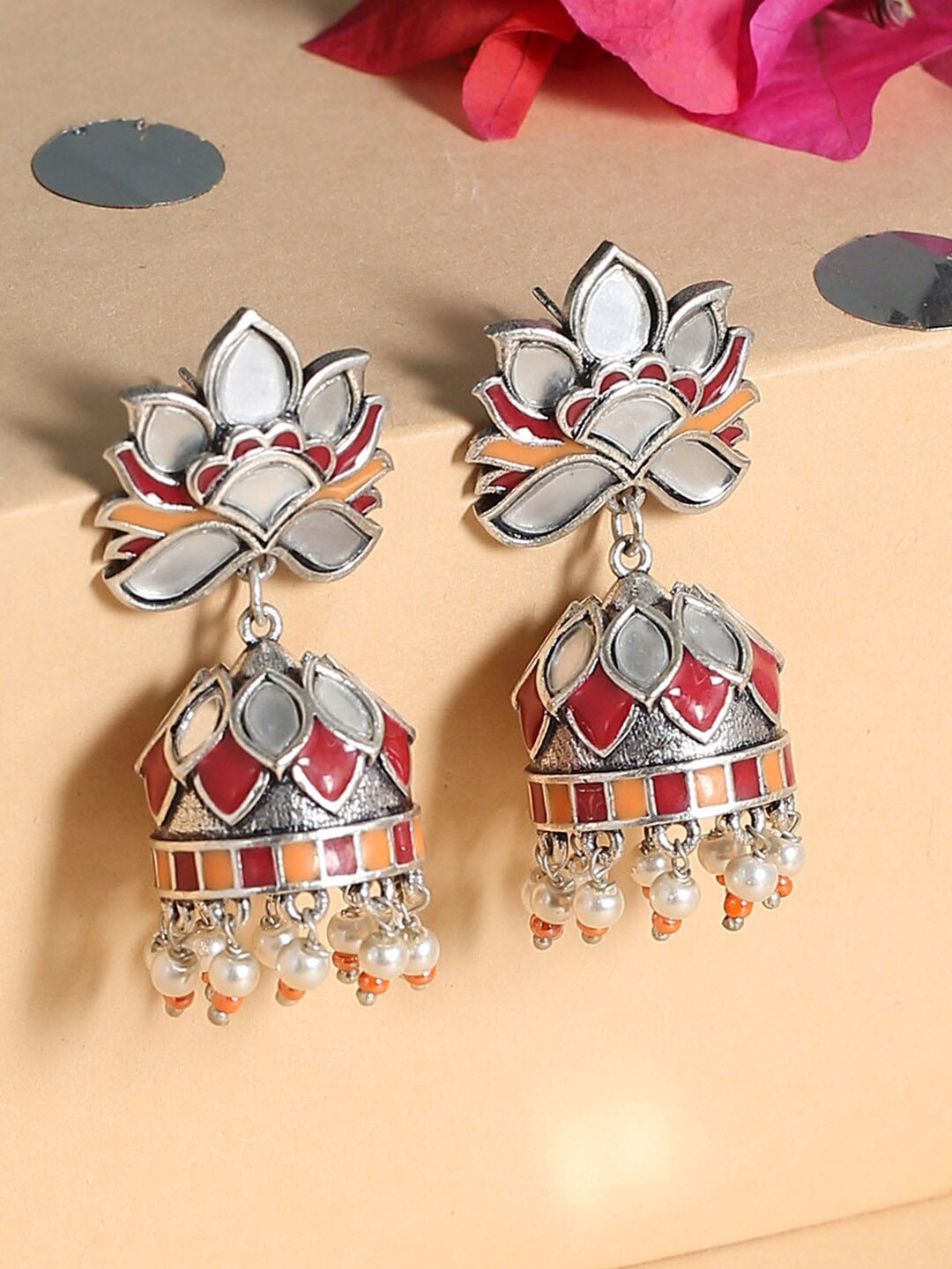 

Voylla Orange & Red Silver-Plated Oxidised Dome Shaped Jhumkas