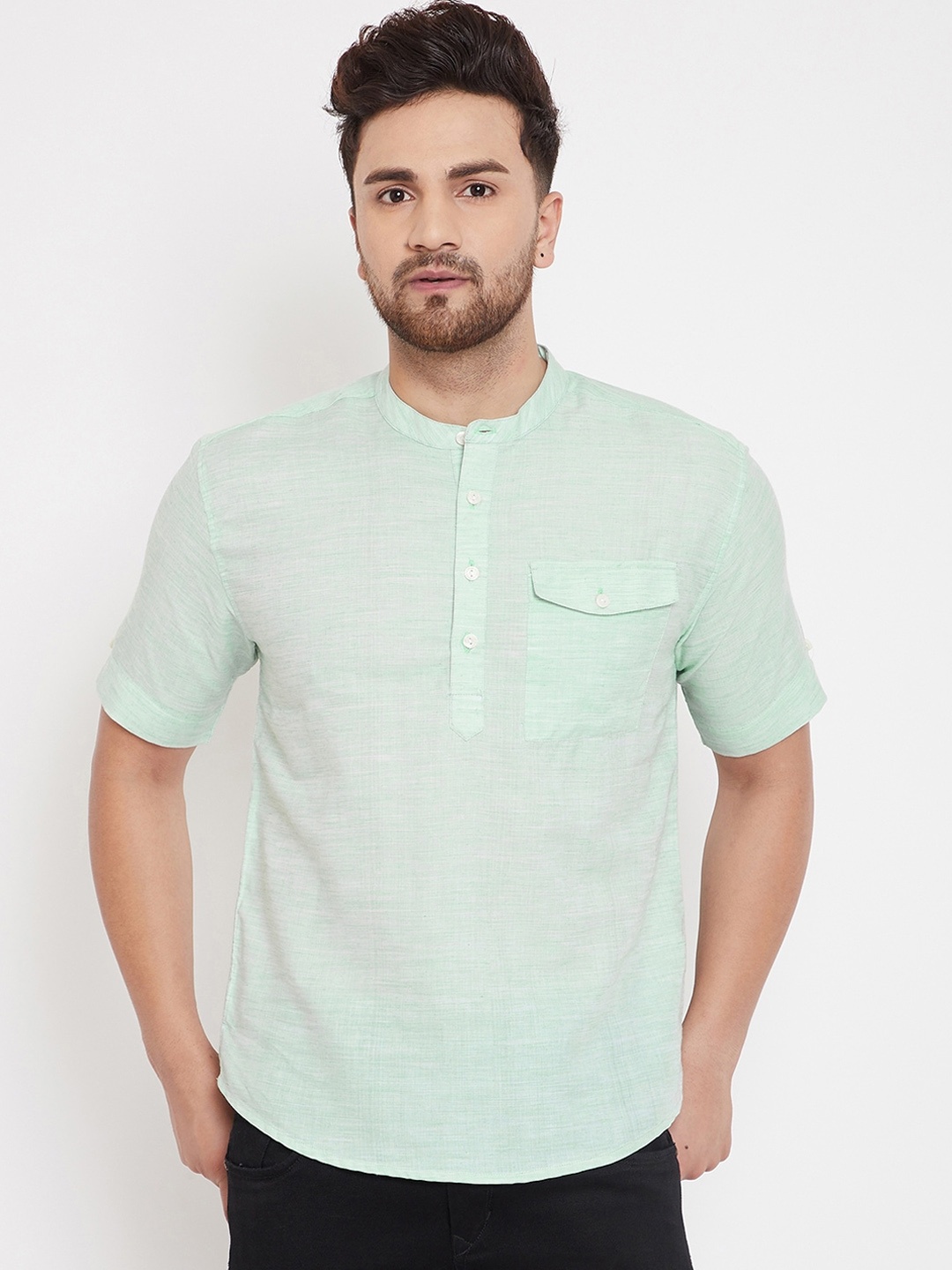 

even Men Sea Green Solid Straight Linen Kurta
