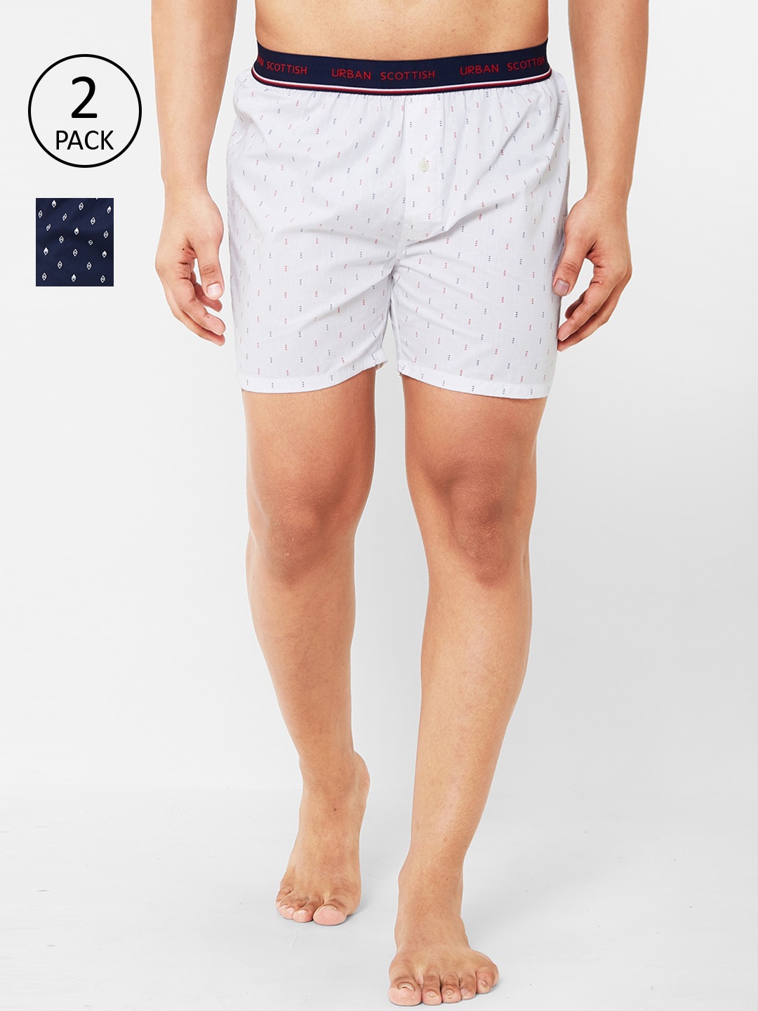 

URBAN SCOTTISH Men Pack of 2 Printed Pure Cotton Boxers, White
