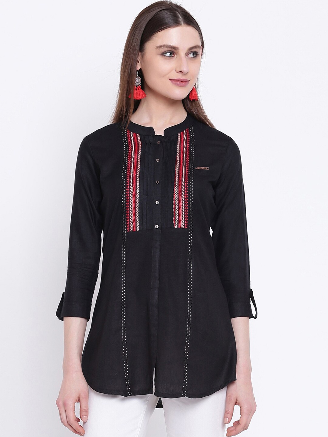 

Kvsfab Women Black & Red Embroidered A-Line Kurti