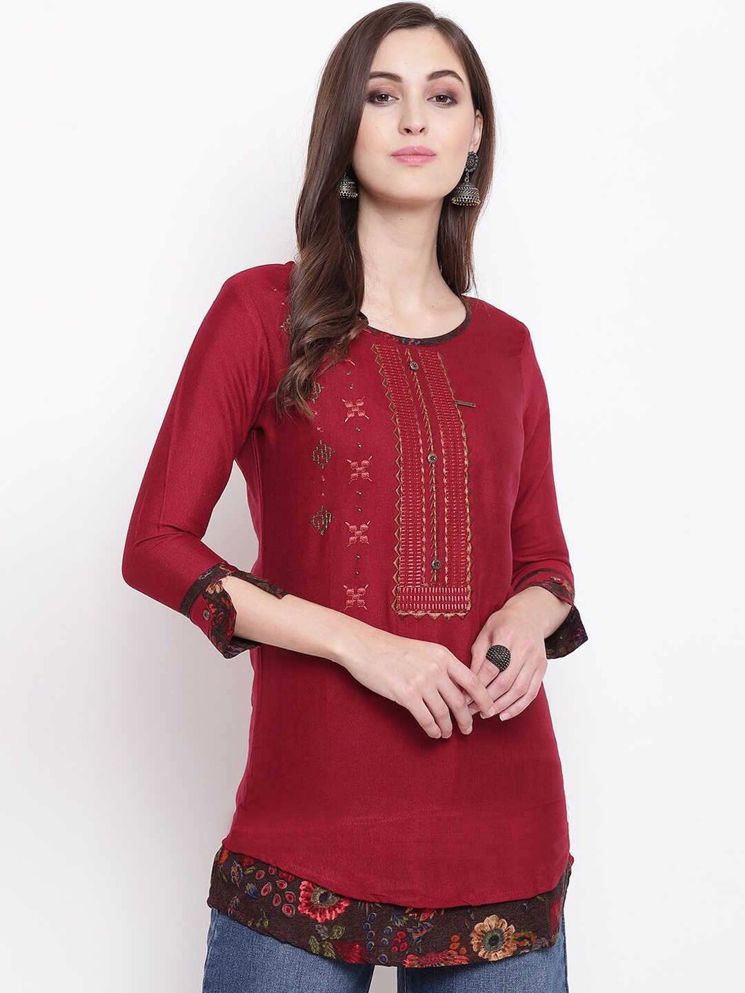 

Kvsfab Women Maroon Embroidered A-Line Kurti
