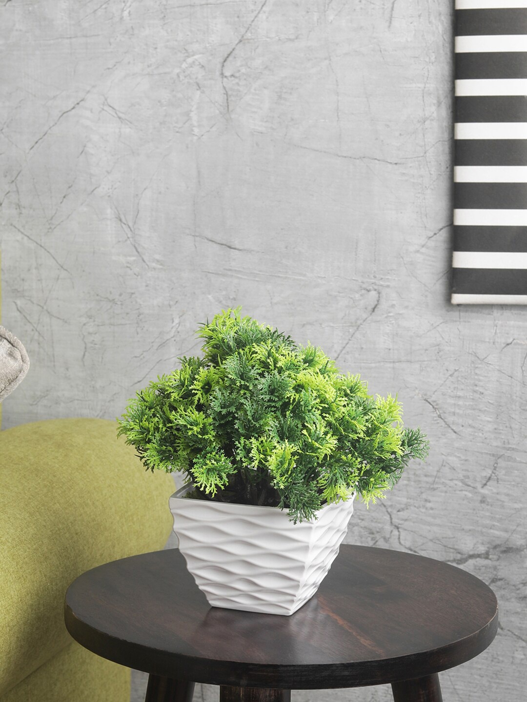 FOLIYAJ Green Artifical Flower Plant With White Pot
