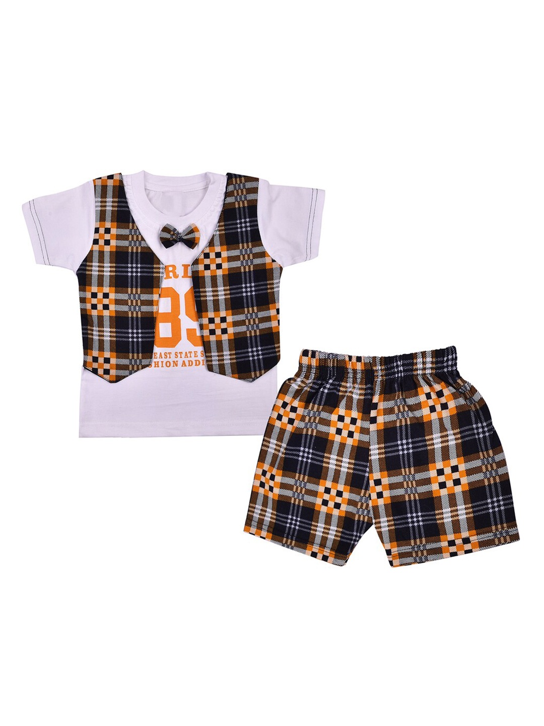

Wish Karo Infant Boys Orange & White Printed T-shirt with Shorts & Waistcoat