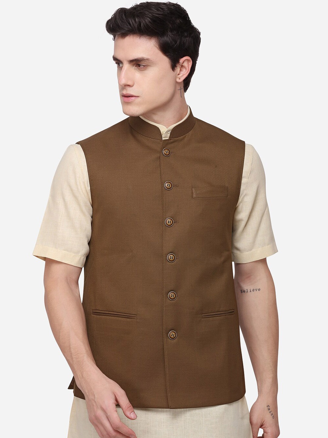 

JADE BLUE Men Brown Woven Design Corduroy Modi Modi Jacket