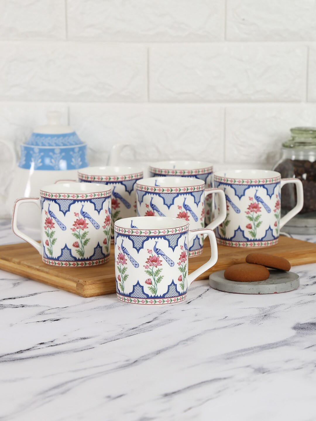 

India Circus by Krsnaa Mehta Set Of 6 Chevron Perching Peacock Mugs, Blue