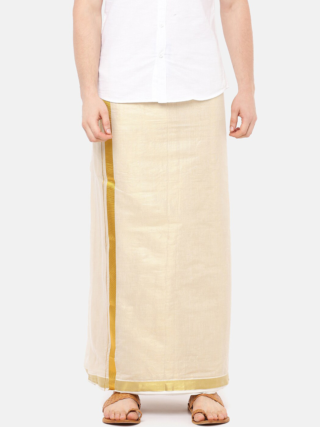 

Ramraj Men Beige Pure Cotton Double Layer Dhoti With Gold Zari Border