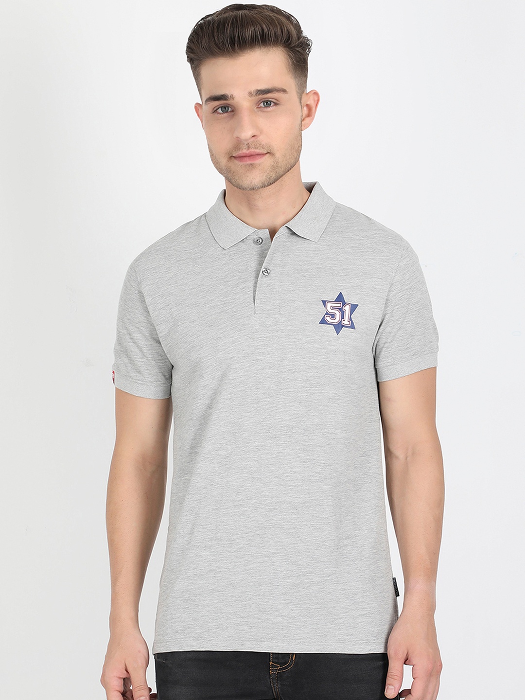 

Fruit of the loom Men Grey Solid Polo Collar Pure Cotton T-shirt