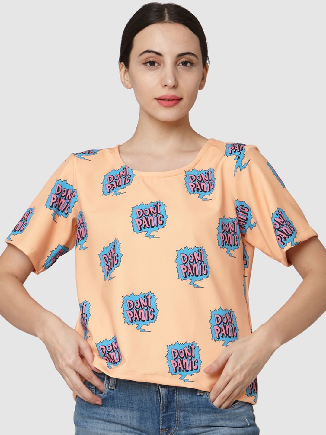 

Smarty Pants Women Peach-Coloured & Blue Printed Round Neck T-shirt